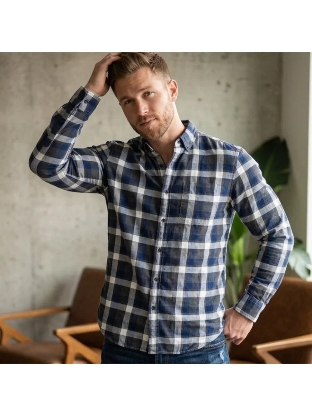 Banana Republic Luxe Flannel Slim-Fit Men's Blue Plaid Shirt Sz M Preppy Casual